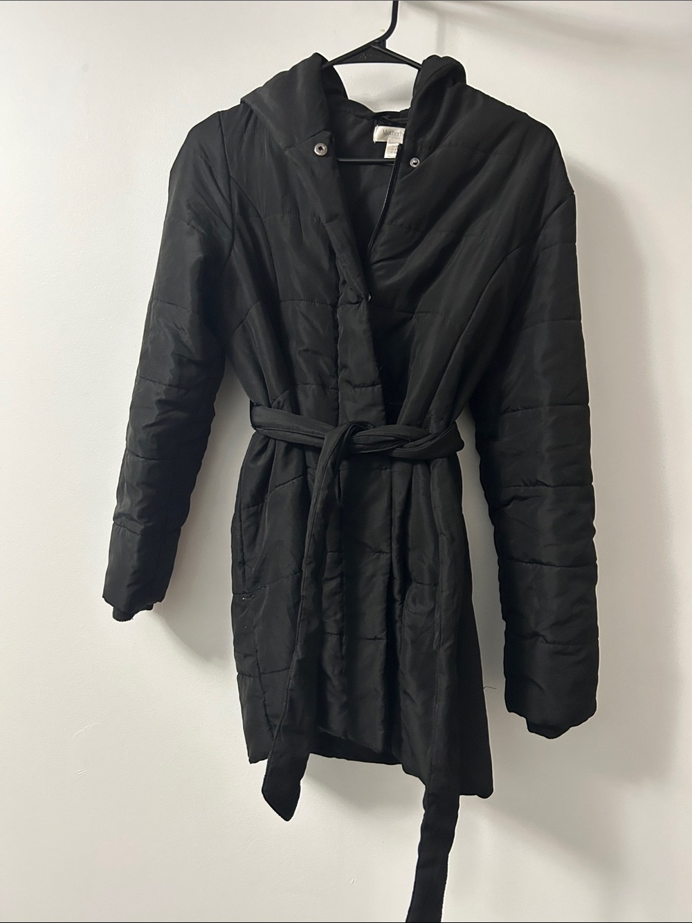 Motherhood Maternity Black Hooded Quilted Belted Puffer Coat